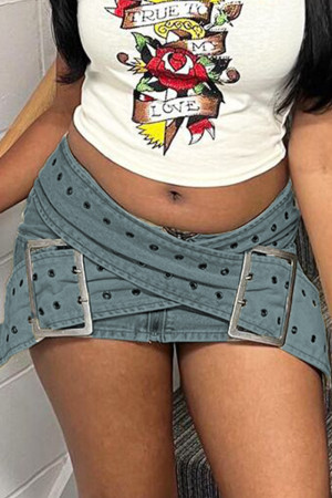 Light Blue Street Solid Patchwork Zipper Low Waist Regular Denim Mini Skirt With Cross Eyelet Tie And Zipper Front