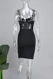 Black Street Hot Drilling Patchwork Genomskinlig rygglös asymmetrisk krage omslagna kjolklänningar