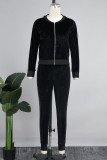 Black Casual Patchwork Pocket Zipper O Neck Long Sleeve Two Pieces
