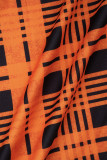 オレンジのエレガントなプリント パッチワーク クロス ストラップ スリット 非対称襟ペンシル スカート プラス サイズ ドレス