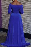 Blauwe casual effen patchwork hoge opening V-hals lange jurk jurken