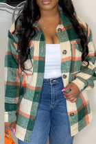 Multicolor Casual Plaid Patchwork Buckle Turndown Collar Plus Size Overcoat
