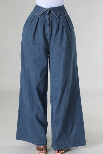 Blue Elegant Solid Patchwork Zipper High Waist Wide Leg Loose Denim Jeans