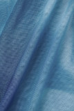 Blauer, lässiger, bedruckter, schmaler Overall mit Patchwork-Reißverschluss und O-Ausschnitt