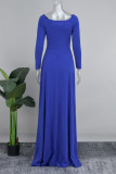 Blauwe casual effen patchwork hoge opening V-hals lange jurk jurken