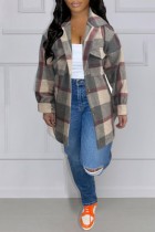 Dark Gray Casual Plaid Patchwork Buckle Turndown Collar Plus Size Overcoat