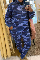 Bleu décontracté imprimé Camouflage Patchwork cordon de serrage poche col à capuche grande taille deux pièces