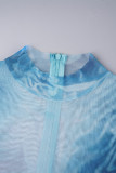 Blauwe casual skinny jumpsuits met print en patchwork met rits en O-hals