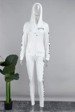 Branco casual estampado patchwork cordão bolso zíper gola com capuz manga comprida duas peças