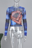 Blue Sexy Print Patchwork O Neck Tops