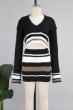 Black Sexy Patchwork Contrast V Neck Long Sleeve Two Pieces