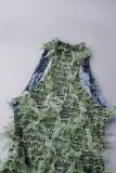 Grön Sexig Patchwork Genomskinlig Rygglös Halter Oregelbunden klänning