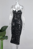 シャンパンセクシーなソリッドスパンコールパッチワークジッパー非対称襟ラップスカートドレス