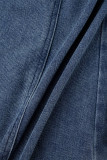 Blue Street Solid Buckle Cardigan Collar Long Sleeve Mid Waist Denim Jacket