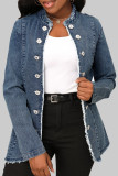Blaue Street-Jeansjacke mit festem Schnallen-Cardigan-Kragen, langen Ärmeln und mittlerer Taille