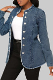 Blaue Street-Jeansjacke mit festem Schnallen-Cardigan-Kragen, langen Ärmeln und mittlerer Taille