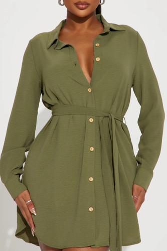 Армейский зеленый повседневный однотонный бандаж Лоскутная пряжка Рубашка с воротником-рубашкой Платье Платья
