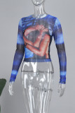 Blue Sexy Print Patchwork O Neck Tops