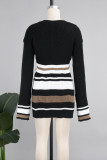 Black Sexy Patchwork Contrast V Neck Long Sleeve Two Pieces