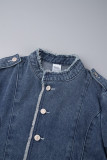 Blue Street Solid Buckle Cardigan Collar Manga comprida Jaqueta jeans de cintura média