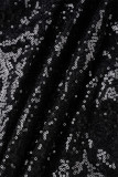 Svarta sexiga solida paljetter Patchwork dragkedja Asymmetrisk krage omslagna kjolklänningar