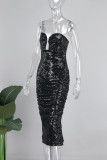 シャンパンセクシーなソリッドスパンコールパッチワークジッパー非対称襟ラップスカートドレス