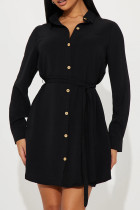 Robe chemise noire décontractée à bandes solides, Patchwork, boucle, col chemise