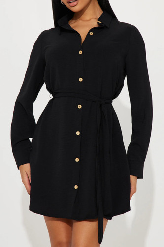 Черные повседневные однотонные повязки в стиле пэчворк с пряжкой и воротником-рубашкой Платье-платье