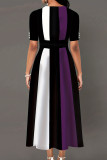 Paarse elegante kleurblokken patchwork knopen contrasterende O-hals A-lijn jurken