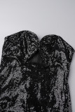 Svarta sexiga solida paljetter Patchwork dragkedja Asymmetrisk krage omslagna kjolklänningar