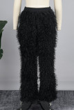 Black Casual Solid Tassel Patchwork Loose Mid Waist Straight Solid Color Bottoms