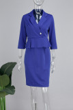Blue Casual Solid Patchwork Flounce Turndown Collar Wrapped Skirt Dresses