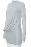Grey Casual Solid Patchwork Fold O Neck Long Sleeve Dresses