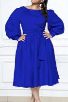 Королевские синие элегантные однотонные лоскутные платья с круглым вырезом и трапециевидным вырезом