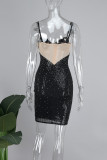 黒のセクシーなパッチワーク スパンコール シースルー バックレス スパゲッティ ストラップ ラップ スカート ドレス