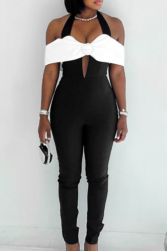 Zwart Wit Street Color Block Uitgeholde Patchwork Backless Halter Normale Jumpsuits