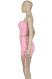 Pink Sexy Solid Patchwork Draw String Fold Strapless Sleeveless Two Pieces