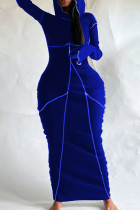 Blauwe casual patchwork contrasterende lange jurk met capuchon en kraag