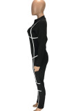 Graue, lässige, bedruckte, schmale Jumpsuits mit Patchwork-Kontrast-Reißverschluss und Reißverschluss-Kragen