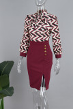 Vestidos de falda lápiz con cuello redondo y lazo con abertura y botones de patchwork con estampado elegante burdeos
