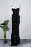 Черные сексуальные формальные однотонные блестки в стиле пэчворк с разрезом на спине и зубчатым длинным платьем