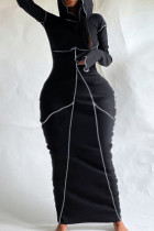 Zwarte casual patchwork contrasterende lange jurk met capuchon en kraag