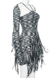 Black White Sexy Street Tassel Patchwork Backless Weave Halter Irregular Dress Dresses