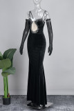 Zwart, sexy formeel patchwork, heet boren, doorzichtige, lange jurk met split en split aan de achterkant (met mouwen)