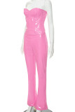 Pink Sexy Solid Patchwork Zipper Strapless Sleeveless Two Pieces Tube Tops And Pants Sets