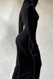 レッドカジュアルパッチワークコントラストフード付きカラーロングドレスドレス