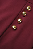 Burgundy Elegant Print Patchwork Buttons Slit With Bow O Neck Pencil Skirt Dresses