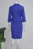 Blauwe casual effen patchwork volant-kraag-wikkelrok-jurken
