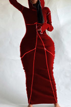 Rode casual patchwork contrasterende lange jurk met capuchon en kraag