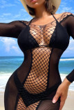 Zwarte sexy effen uitgeholde patchwork-lingerie